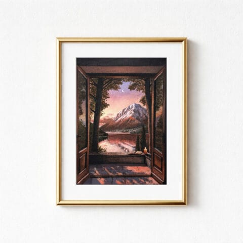 Framed art print showing a mountain landscape seen through open balcony doors in an Italian style. The artwork features a lake, shaped trees, and a mountain under a sunset sky. The frame is gold.