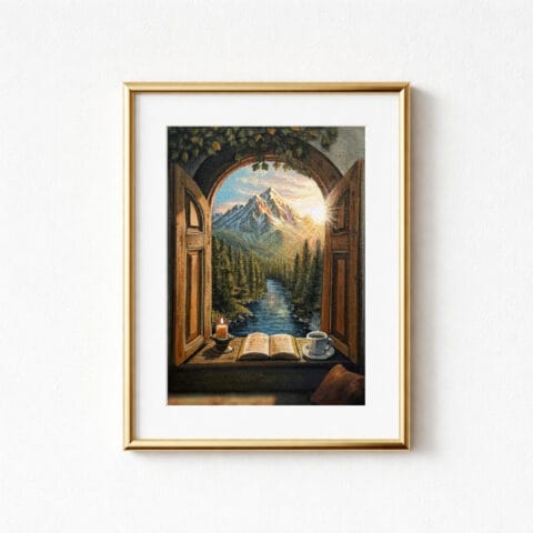 A framed art print showing a mountain, a river, and pine trees through an open window. A lit candle, an open book, and a cup of coffee are on the windowsill. There is ivy growing on the wall above the window. The frame is gold.