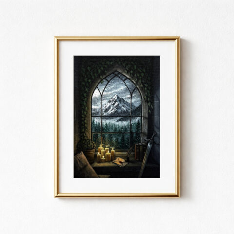 A framed print showing a snowy mountain and a misty pine forest through a gothic window covered in raindrops. The windowsill holds lit candles, letters, an inkwell and books, with a knight’s sword propped against the corner. There is an ivy plant growing up the wall and around the window. The artwork is in a gold-coloured frame against a white background.