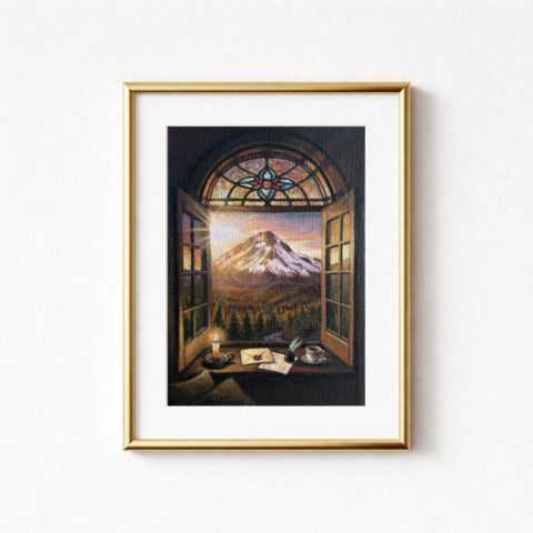 A framed print showing a mountain landscape seen through an open window. The window has a stained glass top. A lit candle, a letter, and a cup of coffee sit on the windowsill. The artwork is framed in a gold-coloured frame.
