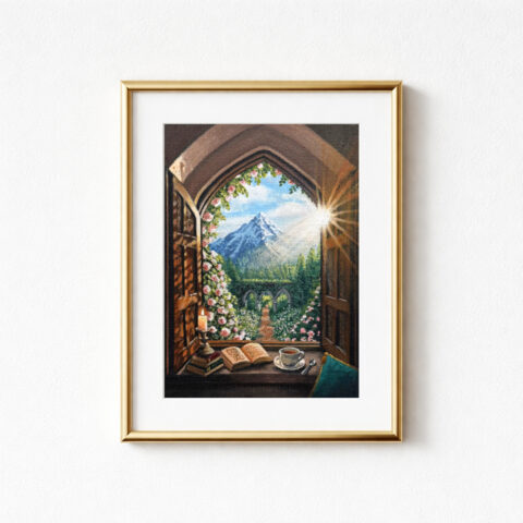 A framed print shows a mountain landscape viewed through an arched window with open wooden shutters. The window opens onto a garden with an arched stone bridge and path and pine trees. A stack of books, a cup of tea, and a lit candle are on the windowsill. Pink roses frame the outside of the window, causing the sunlight to dapple into the room.